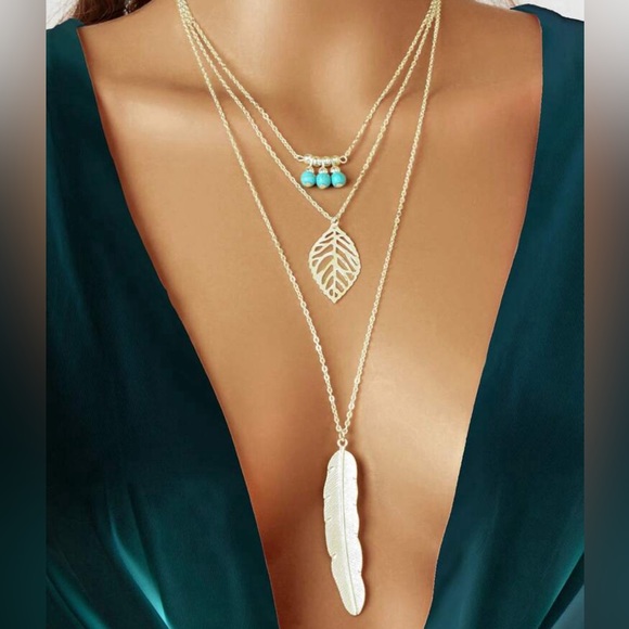 Boho Chic Turquoise and Feather Multilayer Necklace - Picture 5 of 5